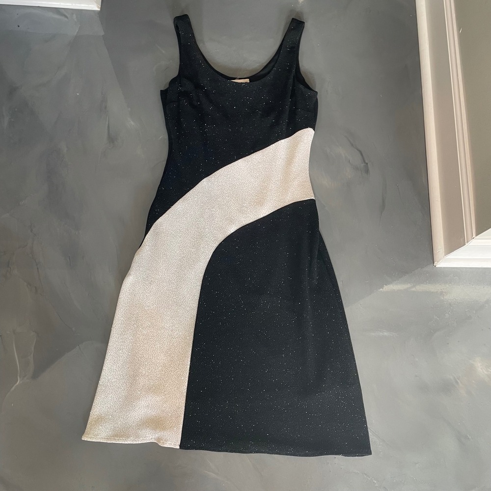 Betsy & Adam Vintage Black White Glitter Colorblock Midi Dress Size 14 Y2K Prom